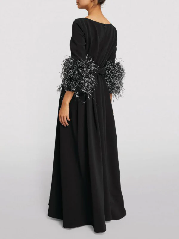 Elegant Simple Black And White Feather Long Sleeve Party Dress - Image 6