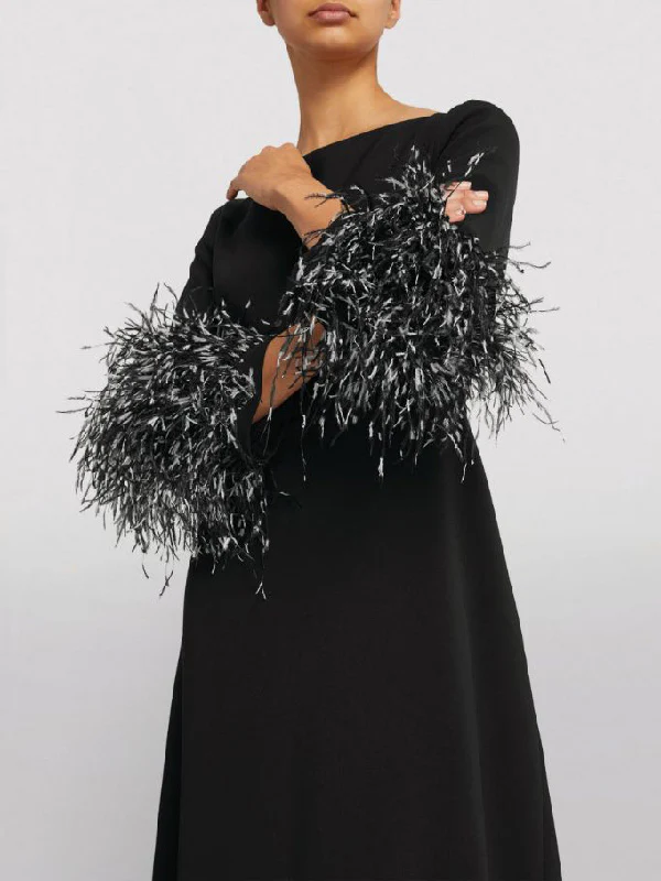 Elegant Simple Black And White Feather Long Sleeve Party Dress - Image 7