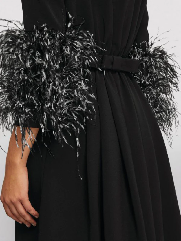 Elegant Simple Black And White Feather Long Sleeve Party Dress - Image 8