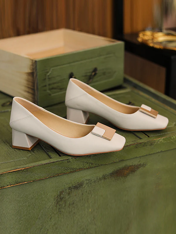 Elegant Square Buckle Chunky Square Mid Heel Shoes - Image 11