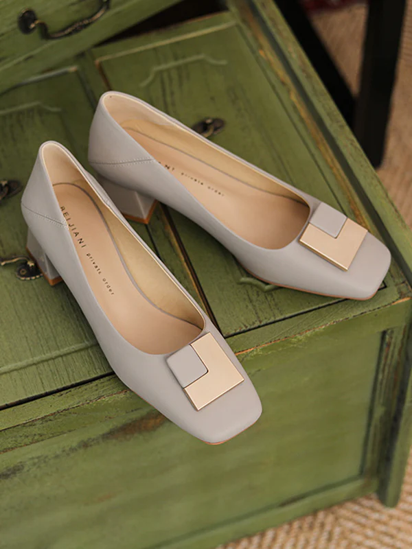 Elegant Square Buckle Chunky Square Mid Heel Shoes - Image 14