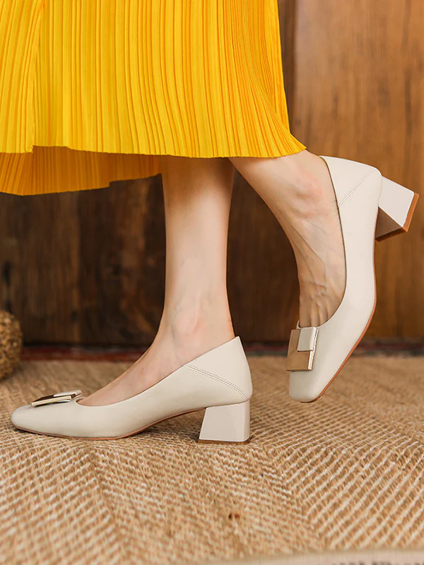Elegant Square Buckle Chunky Square Mid Heel Shoes - Image 3