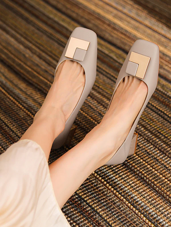 Elegant Square Buckle Chunky Square Mid Heel Shoes - Image 6