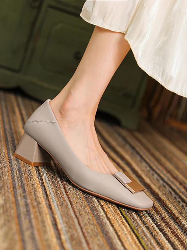 Elegant Square Buckle Chunky Square Mid Heel Shoes - Image 8