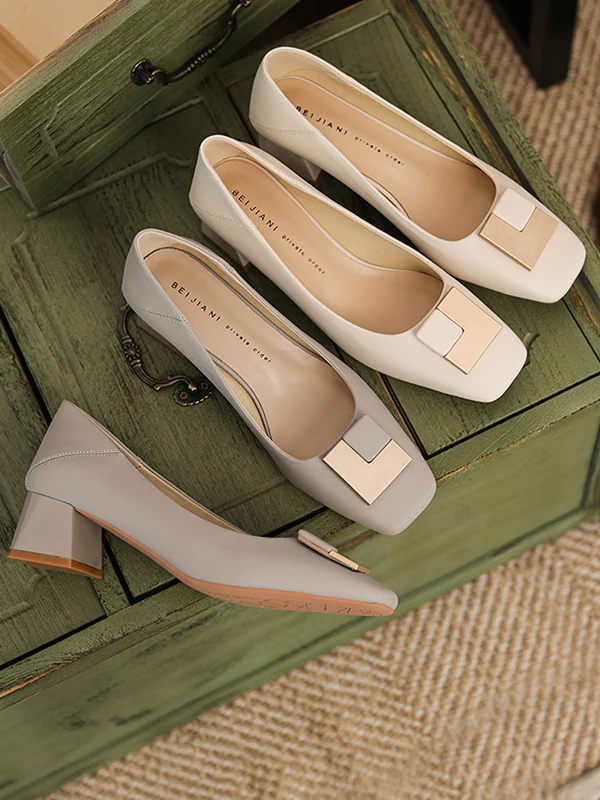 Elegant Square Buckle Chunky Square Mid Heel Shoes - Image 9