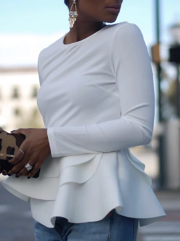 Elegant White Long Sleeve Peplum Top With Layered Ruffle Hem - Image 2