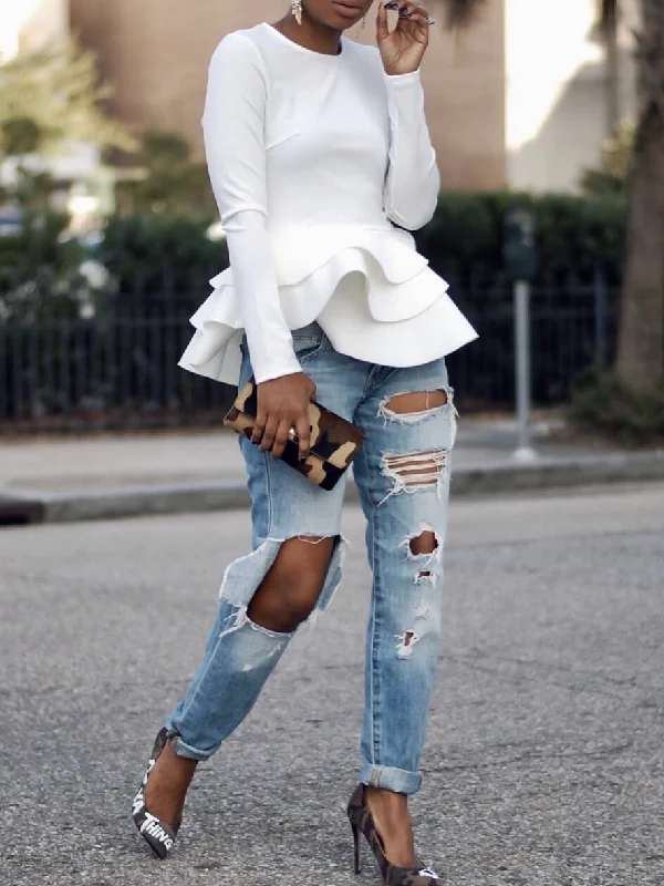 Elegant White Long Sleeve Peplum Top With Layered Ruffle Hem - Image 3