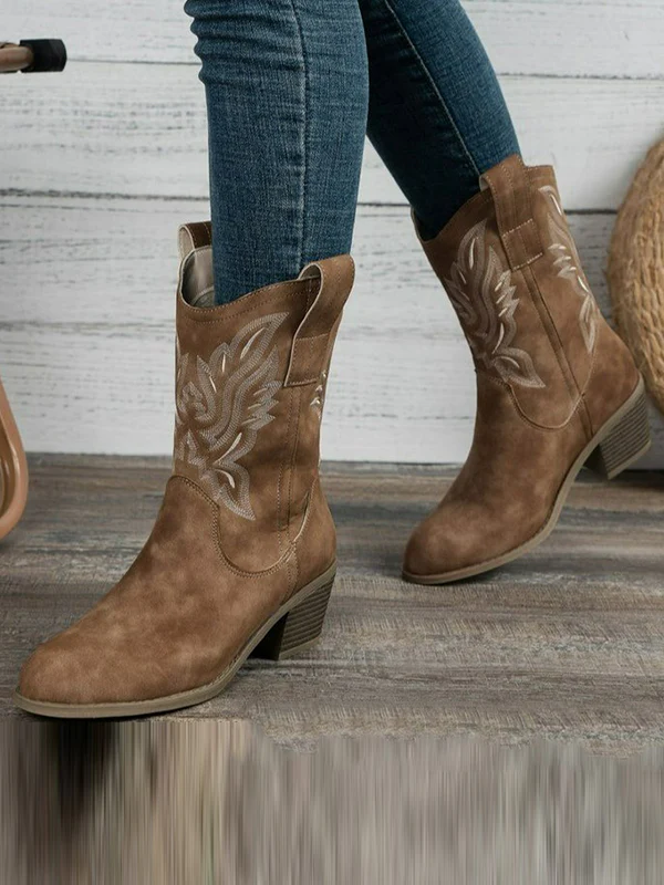 Embroidered Round-Toe Split-Joint Boots Pumps - Image 2