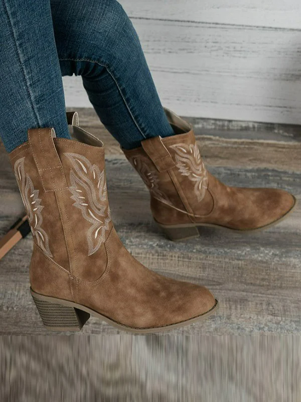 Embroidered Round-Toe Split-Joint Boots Pumps - Image 3