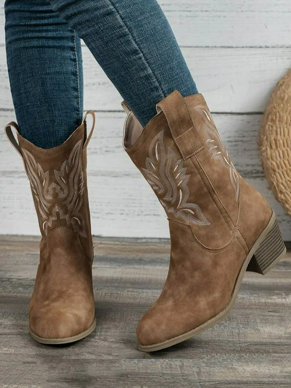 Embroidered Round-Toe Split-Joint Boots Pumps - Image 5