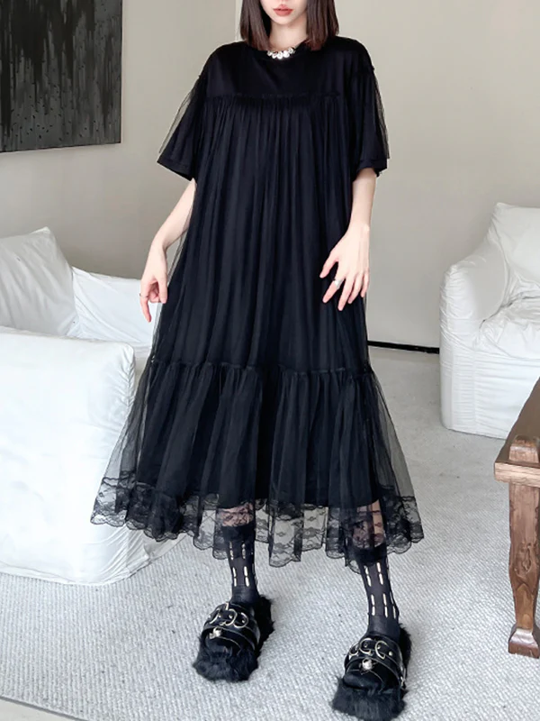Fake Two-Piece Loose Gauze Pleated Solid Color Split-Joint Tiered Round-Neck Midi Dresses - Image 10