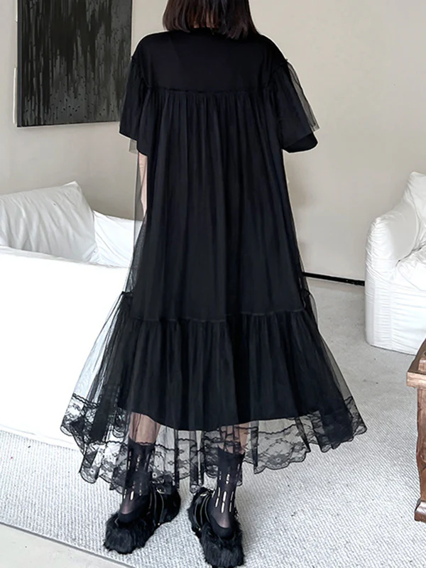 Fake Two-Piece Loose Gauze Pleated Solid Color Split-Joint Tiered Round-Neck Midi Dresses - Image 11