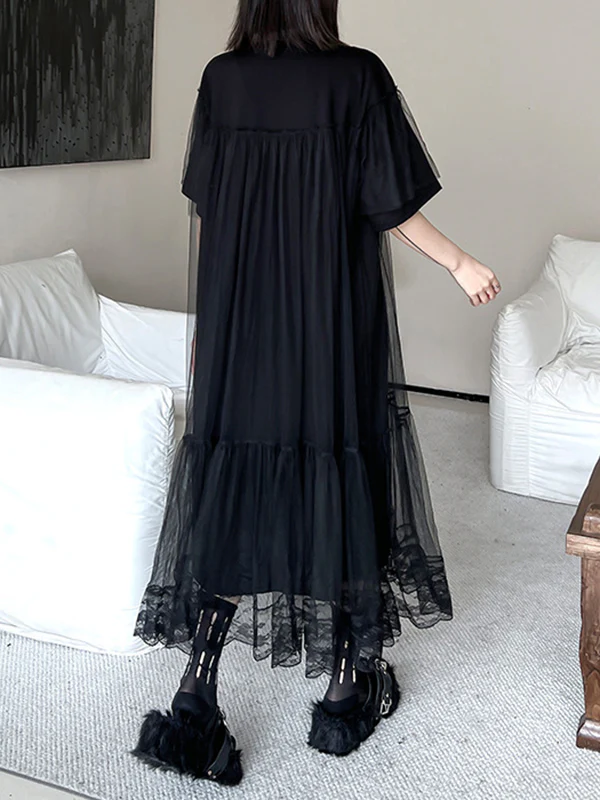 Fake Two-Piece Loose Gauze Pleated Solid Color Split-Joint Tiered Round-Neck Midi Dresses - Image 12