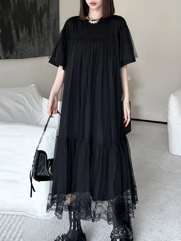 Fake Two-Piece Loose Gauze Pleated Solid Color Split-Joint Tiered Round-Neck Midi Dresses - Image 13