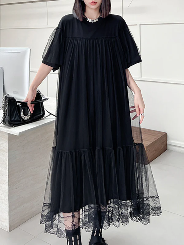 Fake Two-Piece Loose Gauze Pleated Solid Color Split-Joint Tiered Round-Neck Midi Dresses - Image 14
