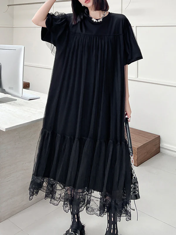 Fake Two-Piece Loose Gauze Pleated Solid Color Split-Joint Tiered Round-Neck Midi Dresses - Image 15