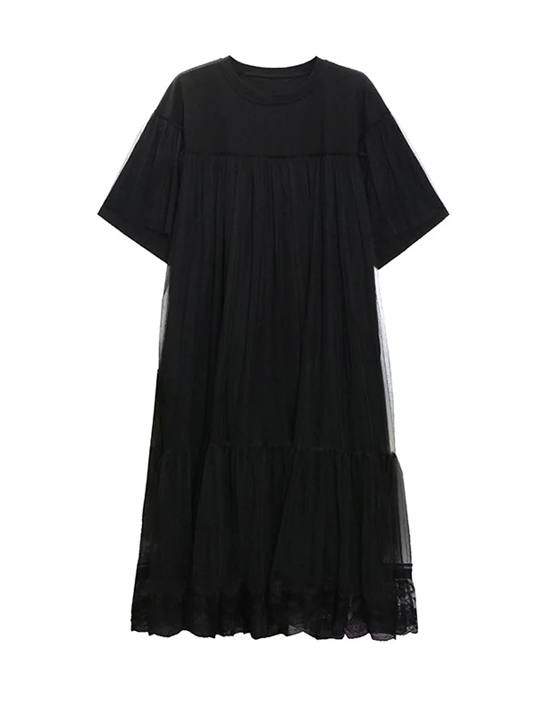 Fake Two-Piece Loose Gauze Pleated Solid Color Split-Joint Tiered Round-Neck Midi Dresses - Image 16