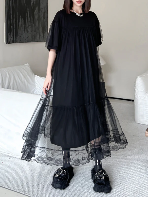 Fake Two-Piece Loose Gauze Pleated Solid Color Split-Joint Tiered Round-Neck Midi Dresses - Image 2