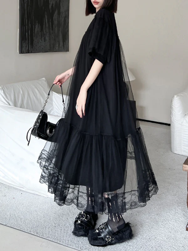 Fake Two-Piece Loose Gauze Pleated Solid Color Split-Joint Tiered Round-Neck Midi Dresses - Image 3