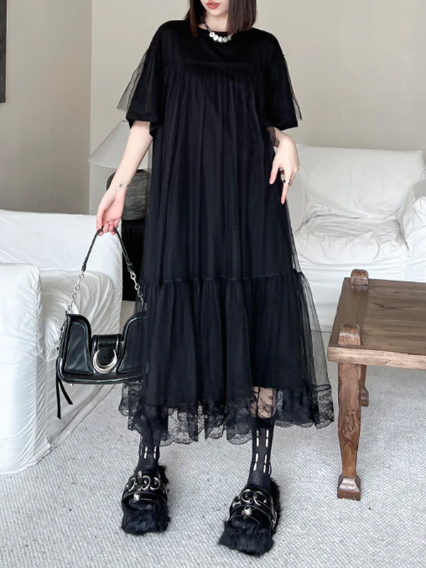 Fake Two-Piece Loose Gauze Pleated Solid Color Split-Joint Tiered Round-Neck Midi Dresses - Image 4