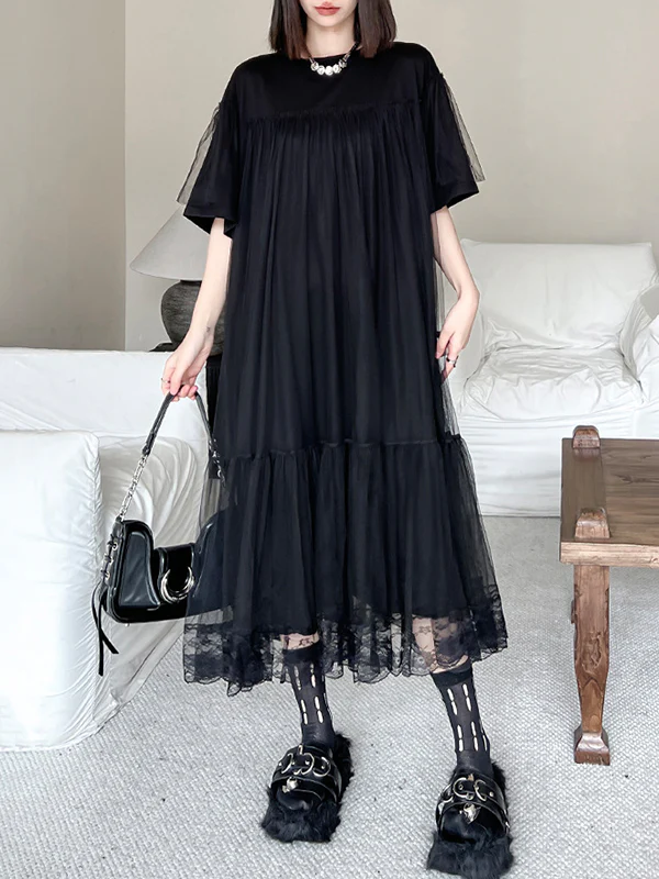 Fake Two-Piece Loose Gauze Pleated Solid Color Split-Joint Tiered Round-Neck Midi Dresses - Image 5
