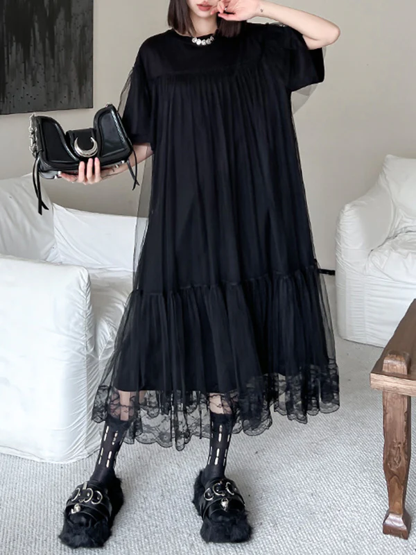 Fake Two-Piece Loose Gauze Pleated Solid Color Split-Joint Tiered Round-Neck Midi Dresses - Image 6