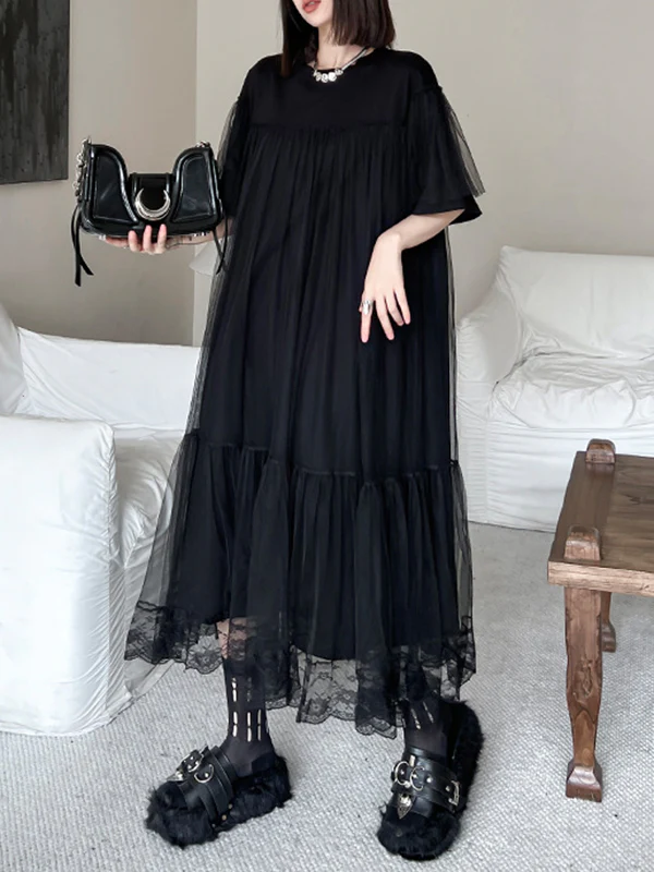 Fake Two-Piece Loose Gauze Pleated Solid Color Split-Joint Tiered Round-Neck Midi Dresses - Image 7