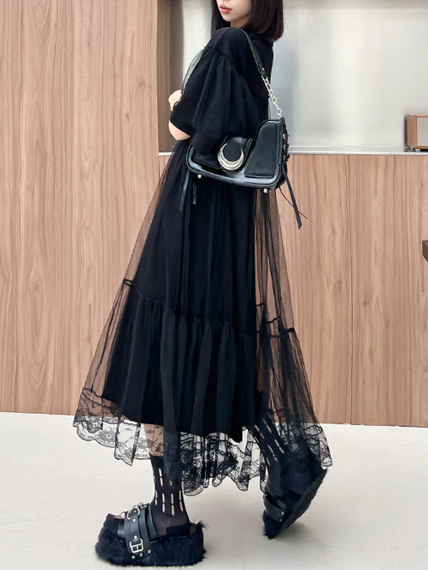 Fake Two-Piece Loose Gauze Pleated Solid Color Split-Joint Tiered Round-Neck Midi Dresses - Image 8