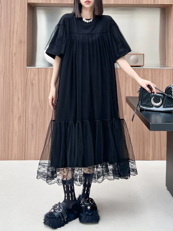 Fake Two-Piece Loose Gauze Pleated Solid Color Split-Joint Tiered Round-Neck Midi Dresses - Image 9