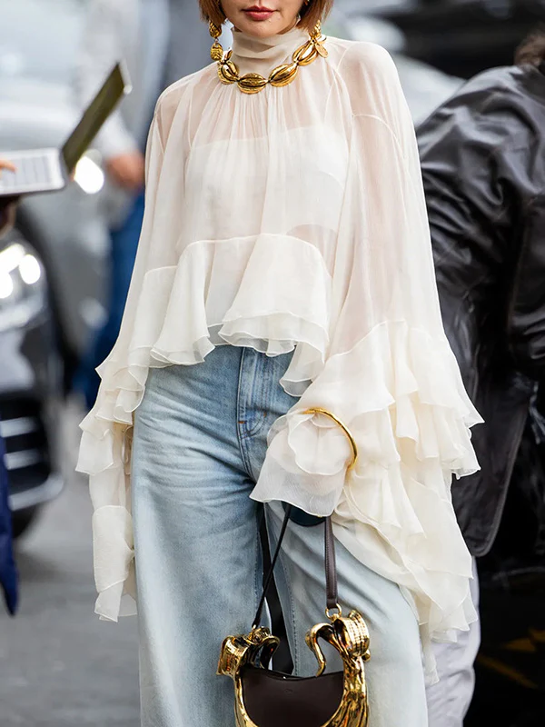 False Two Flared Sleeves Pleated Ruffle Trim See-Through Solid Color Tied Mock Neck Blouses&Shirts Tops - Image 2