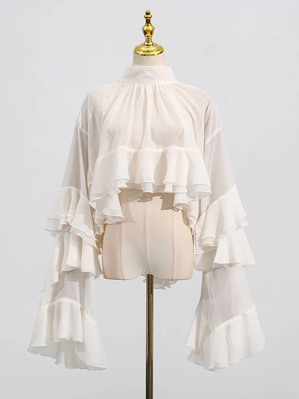 False Two Flared Sleeves Pleated Ruffle Trim See-Through Solid Color Tied Mock Neck Blouses&Shirts Tops - Image 3