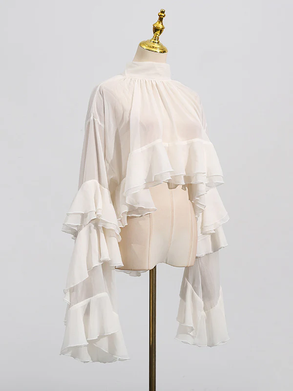 False Two Flared Sleeves Pleated Ruffle Trim See-Through Solid Color Tied Mock Neck Blouses&Shirts Tops - Image 4