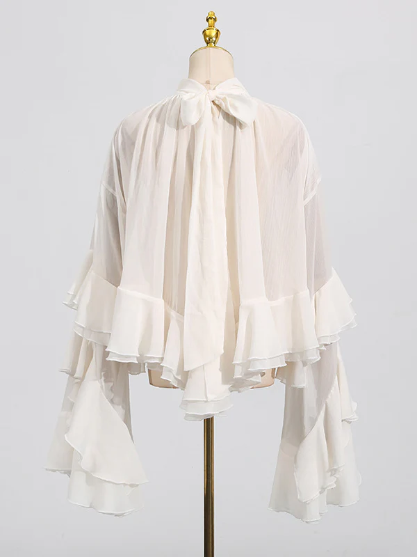 False Two Flared Sleeves Pleated Ruffle Trim See-Through Solid Color Tied Mock Neck Blouses&Shirts Tops - Image 5