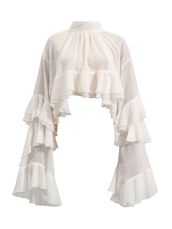 False Two Flared Sleeves Pleated Ruffle Trim See-Through Solid Color Tied Mock Neck Blouses&Shirts Tops - Image 6