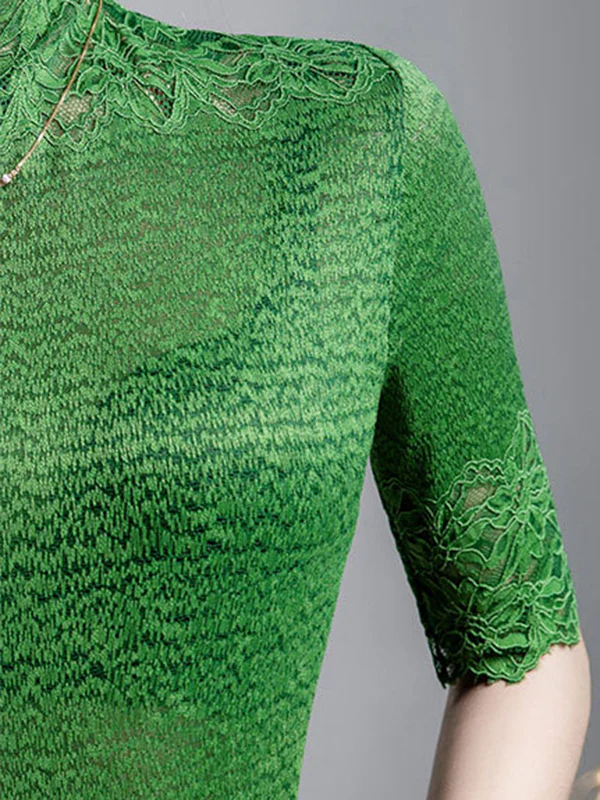 False Two Half Sleeves Slightly Sheer Split-Joint Textured High Neck T-Shirts Tops - Image 10