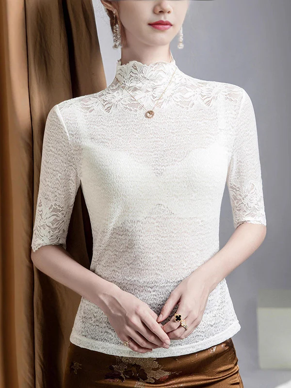False Two Half Sleeves Slightly Sheer Split-Joint Textured High Neck T-Shirts Tops - Image 2