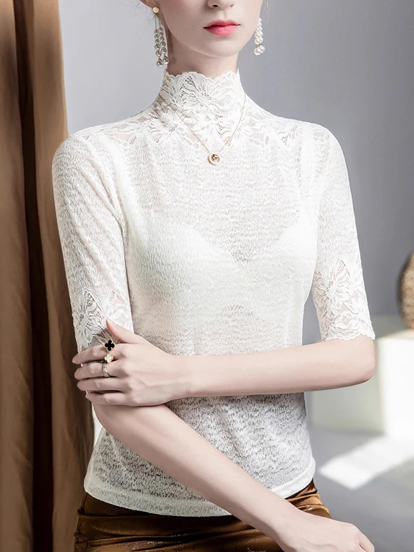 False Two Half Sleeves Slightly Sheer Split-Joint Textured High Neck T-Shirts Tops - Image 3