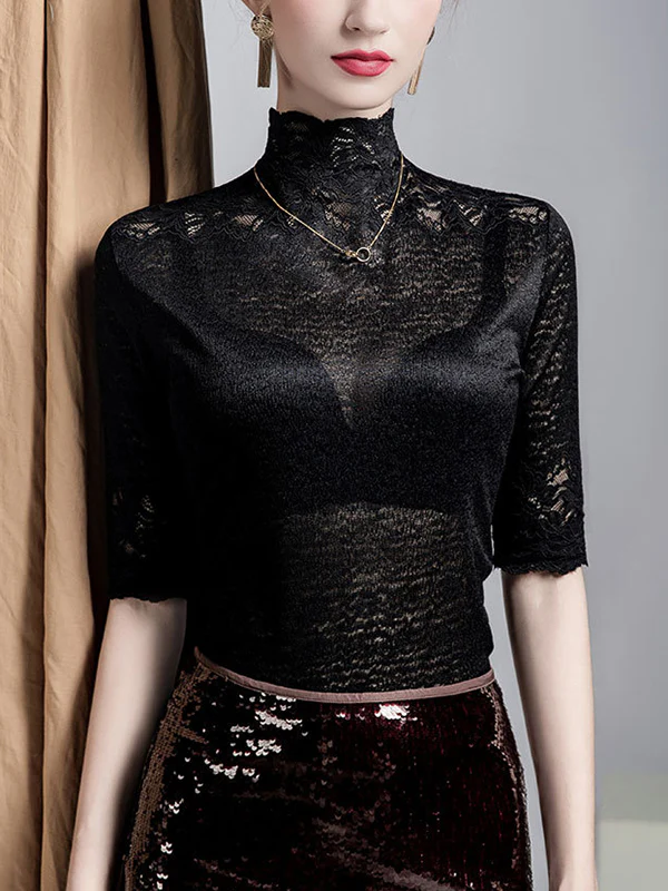 False Two Half Sleeves Slightly Sheer Split-Joint Textured High Neck T-Shirts Tops - Image 4