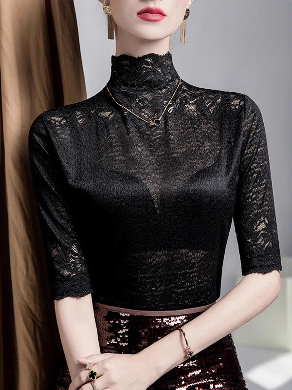 False Two Half Sleeves Slightly Sheer Split-Joint Textured High Neck T-Shirts Tops - Image 5