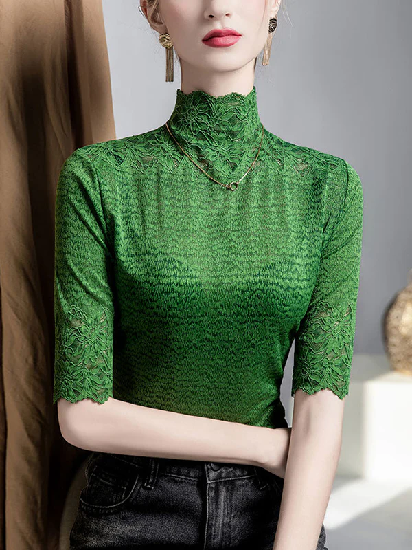 False Two Half Sleeves Slightly Sheer Split-Joint Textured High Neck T-Shirts Tops - Image 6