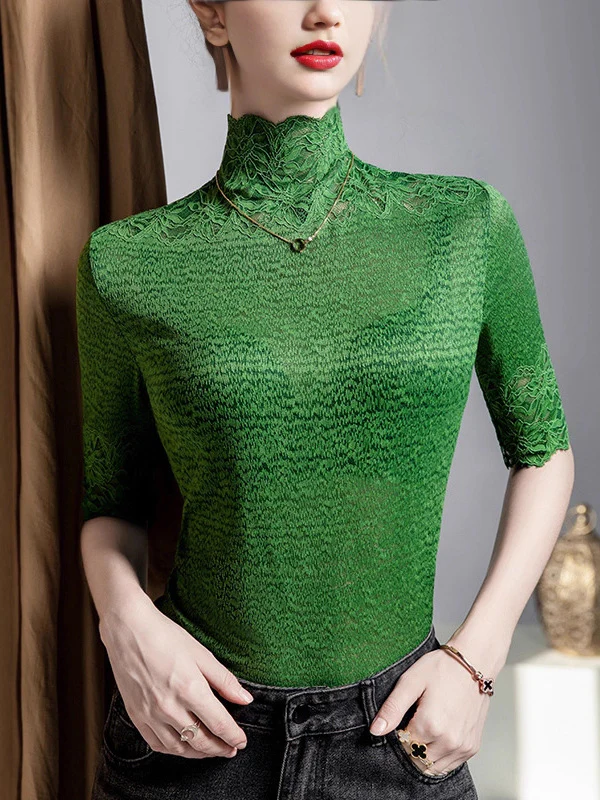 False Two Half Sleeves Slightly Sheer Split-Joint Textured High Neck T-Shirts Tops - Image 7