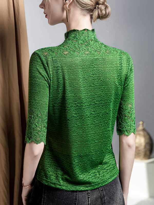 False Two Half Sleeves Slightly Sheer Split-Joint Textured High Neck T-Shirts Tops - Image 8