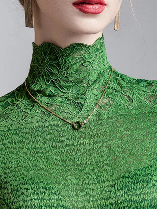 False Two Half Sleeves Slightly Sheer Split-Joint Textured High Neck T-Shirts Tops - Image 9