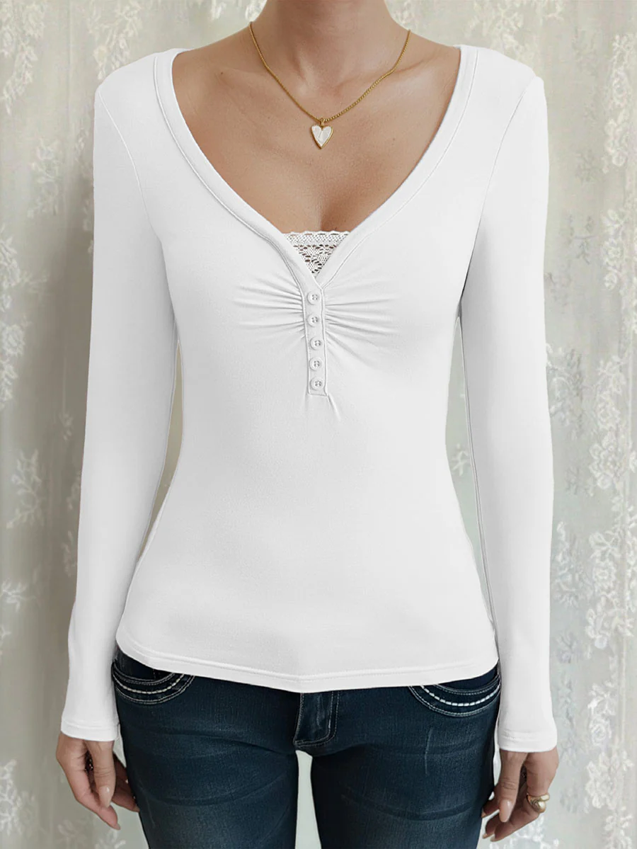 False Two Long Sleeves Buttoned Pleated Solid Color Split-Joint V-Neck T-Shirts Tops - Image 10