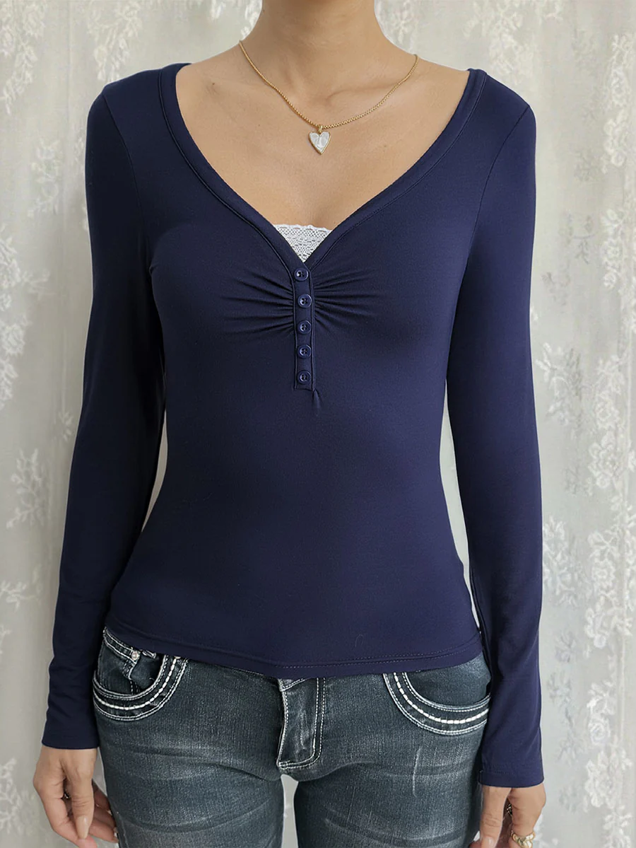 False Two Long Sleeves Buttoned Pleated Solid Color Split-Joint V-Neck T-Shirts Tops - Image 12