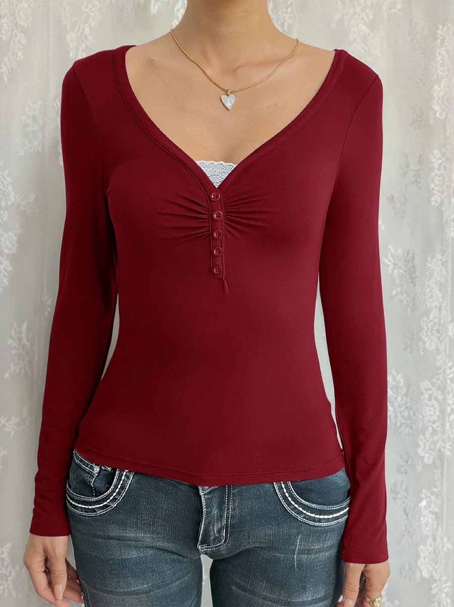 False Two Long Sleeves Buttoned Pleated Solid Color Split-Joint V-Neck T-Shirts Tops - Image 14