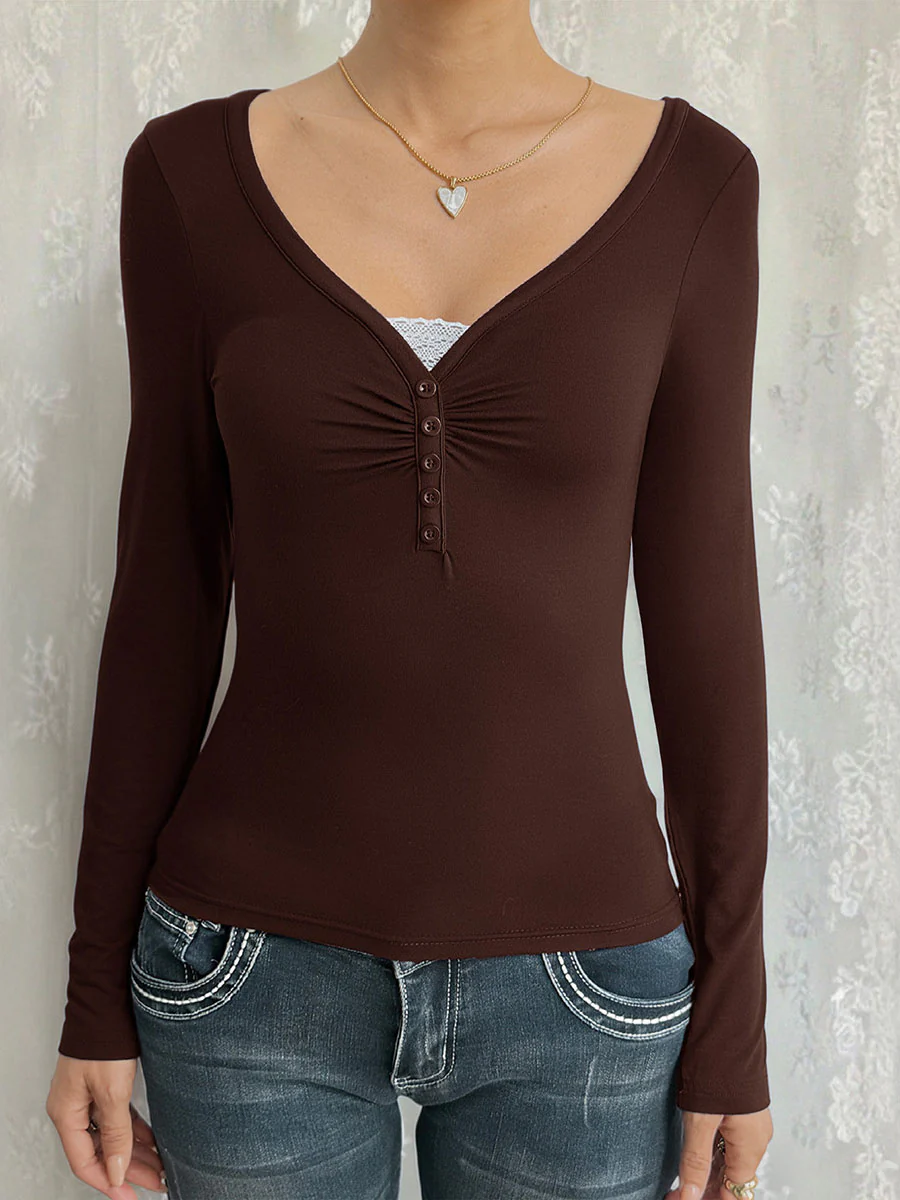 False Two Long Sleeves Buttoned Pleated Solid Color Split-Joint V-Neck T-Shirts Tops - Image 6