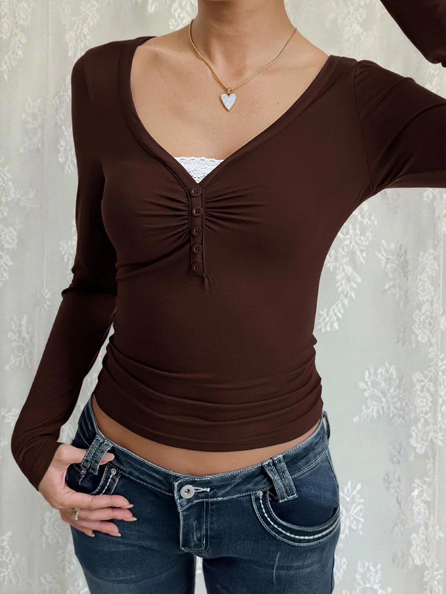 False Two Long Sleeves Buttoned Pleated Solid Color Split-Joint V-Neck T-Shirts Tops - Image 7