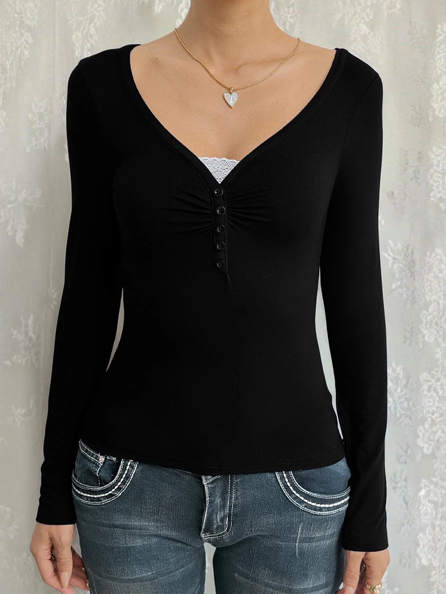False Two Long Sleeves Buttoned Pleated Solid Color Split-Joint V-Neck T-Shirts Tops - Image 8