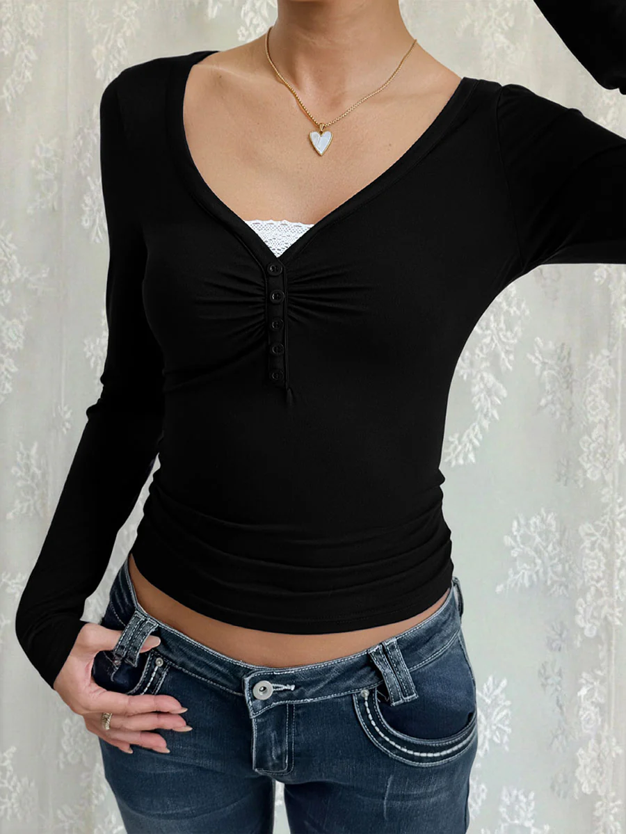 False Two Long Sleeves Buttoned Pleated Solid Color Split-Joint V-Neck T-Shirts Tops - Image 9